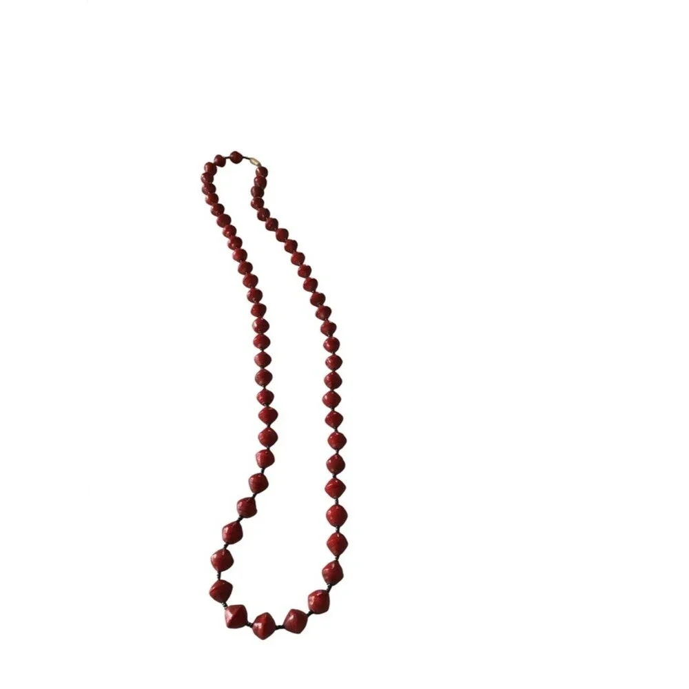 Handmade Red Paper Bead Necklace 36” Long Sustainable Eco-Friendly Boho Jewelry